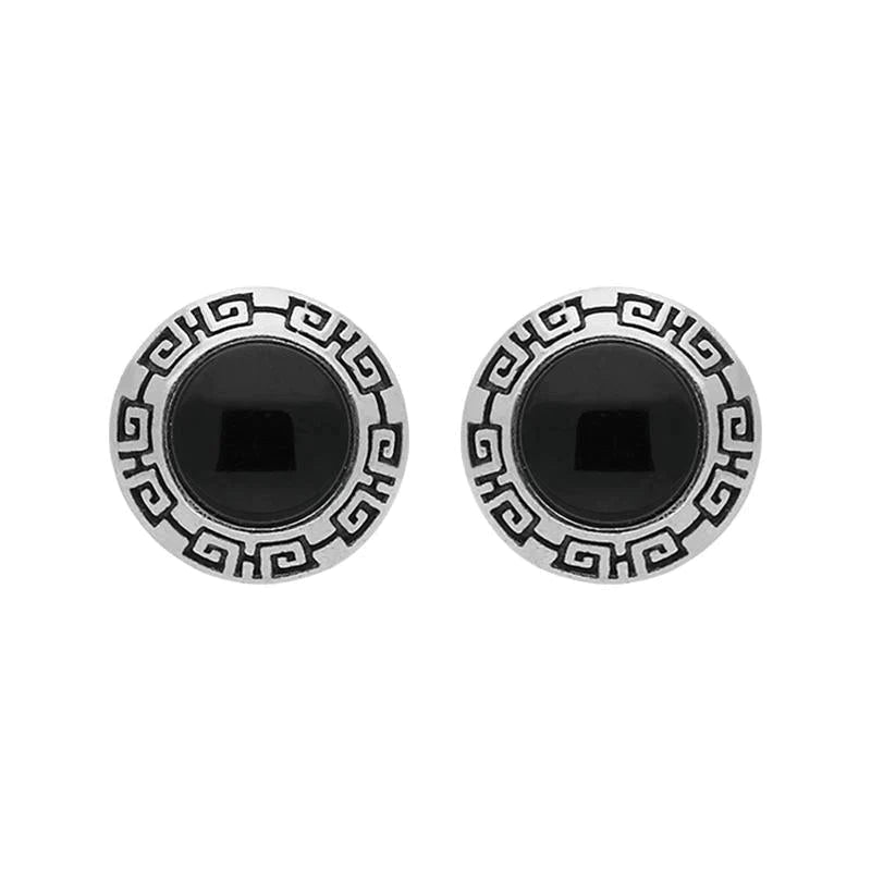 Sterling Silver Whitby Jet Greek Edge Stud Earrings - Silver