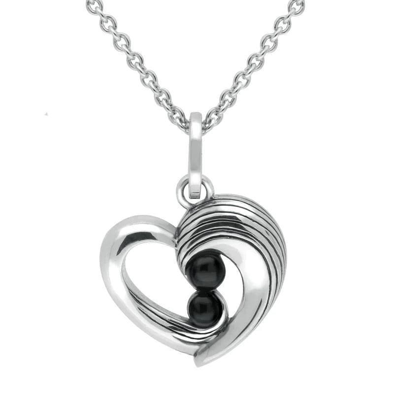 Sterling Silver Whitby Jet Half Ridge Heart Necklace - Silver
