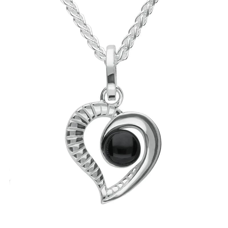 Sterling Silver Whitby Jet Half Ridged Heart Necklace - Silver