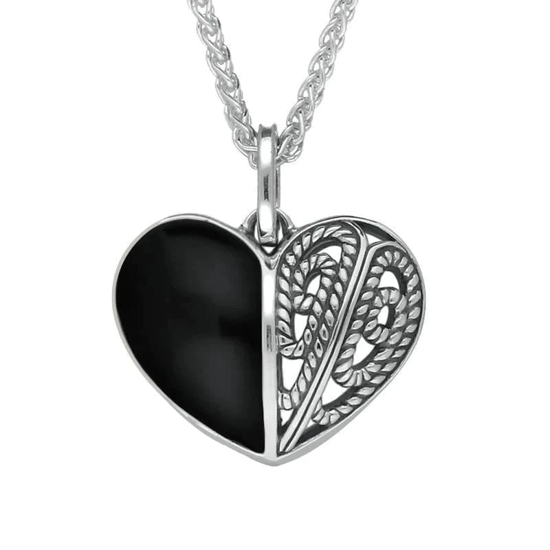 Sterling Silver Whitby Jet Half Stone Oxidised Heart Necklace - Silver