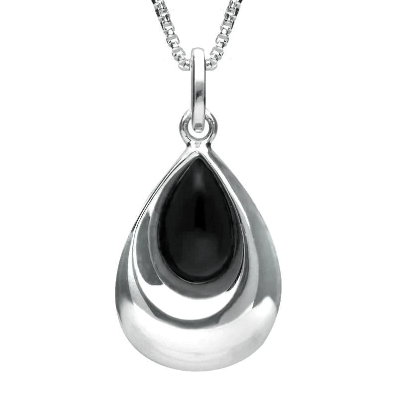 Sterling Silver Whitby Jet Half Stone Tear Drop Necklace - Silver