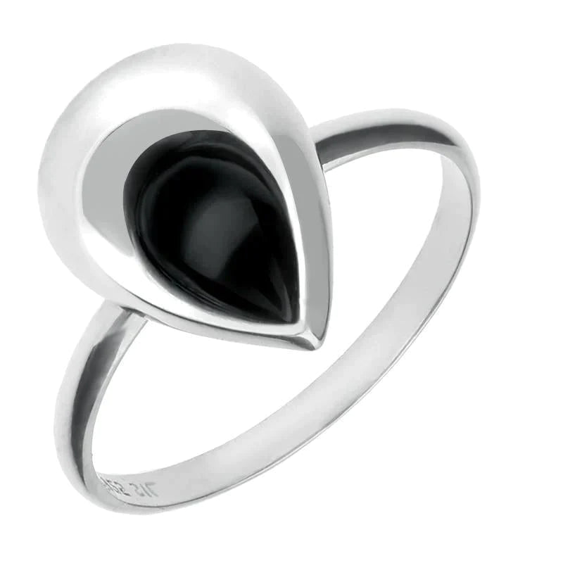 Sterling Silver Whitby Jet Half Stone Tear Drop Ring - Silver