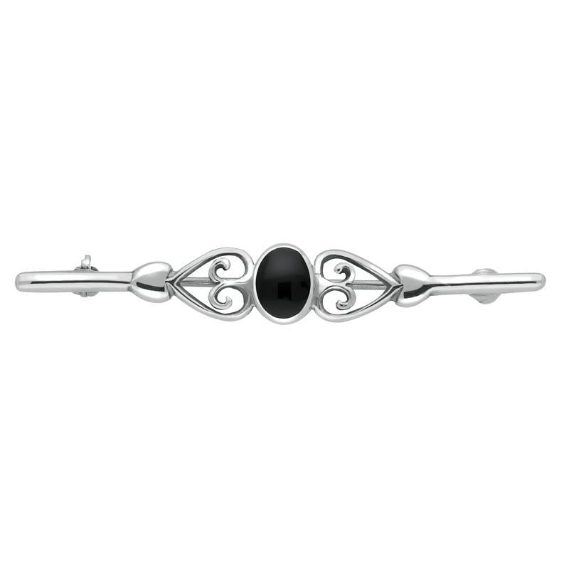 Sterling Silver Whitby Jet Heart Bar Brooch - Silver