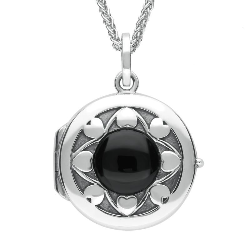 Sterling Silver Whitby Jet Heart Edge Circular Locket - Silver