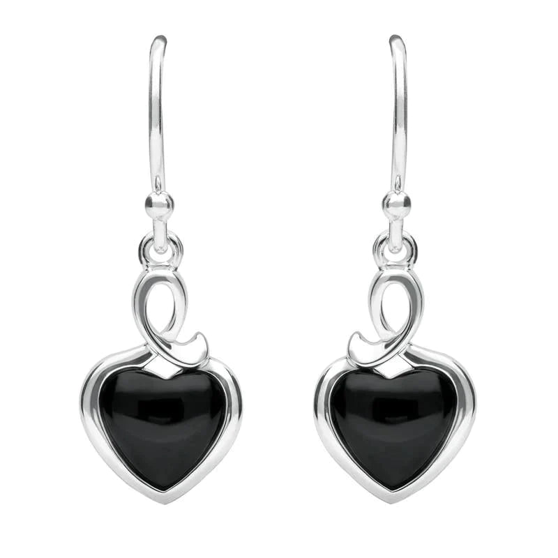 Sterling Silver Whitby Jet Heart Loop Hook Earrings - Silver