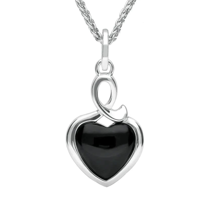 Sterling Silver Whitby Jet Heart Loop Necklace - Silver