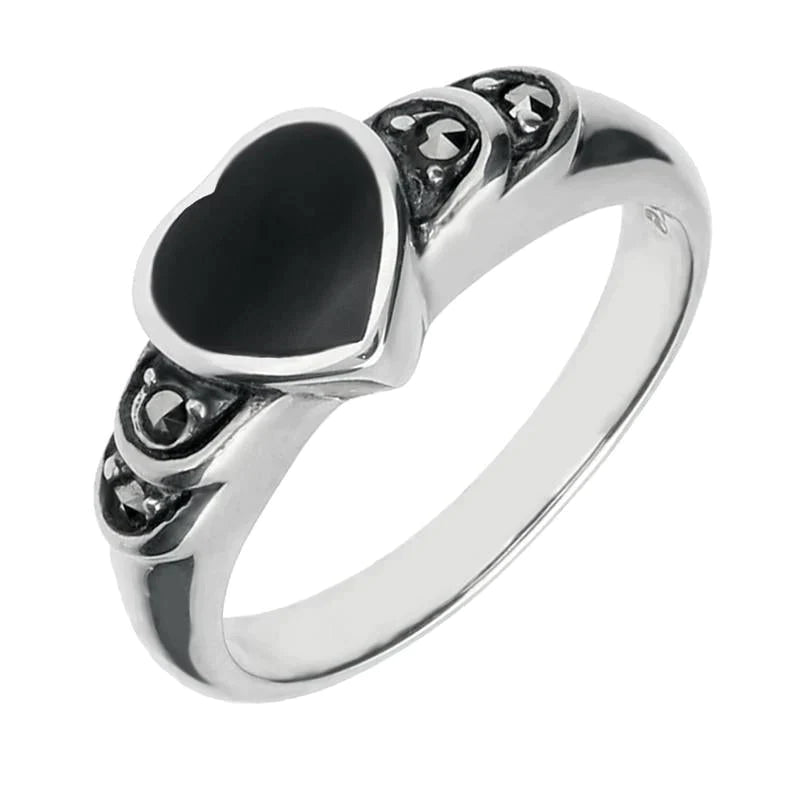Sterling Silver Whitby Jet Heart Marcasite Shoulder Ring - Silver