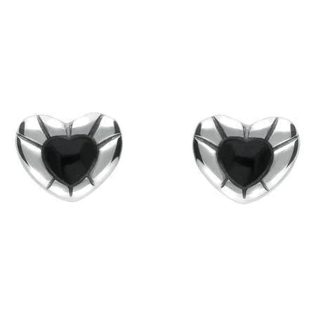 Sterling Silver Whitby Jet Heart Stud Earrings - Option1 Value Silver