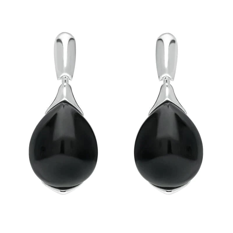 Sterling Silver Whitby Jet Hinge Top Pear Drop Earrings