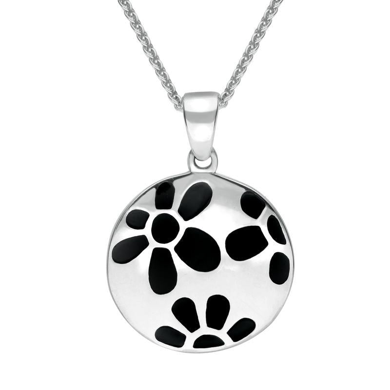 Sterling Silver Whitby Jet Inlaid Flower Necklace - Silver