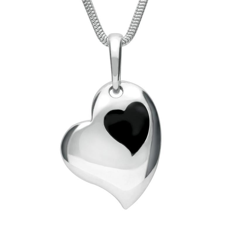 Sterling Silver Whitby Jet Inlaid Heart Necklace - Silver
