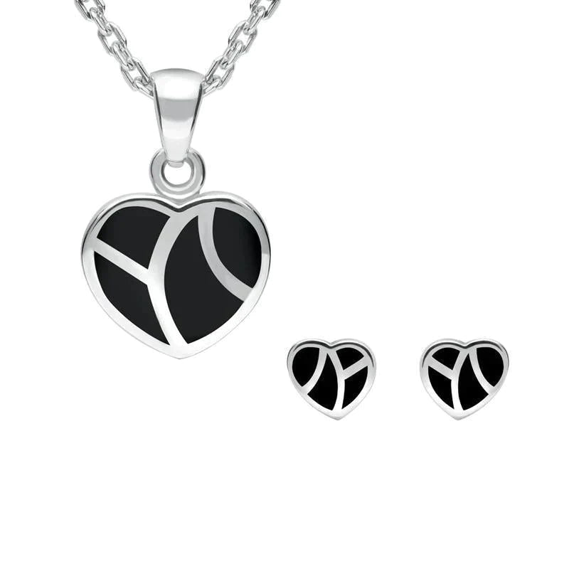 Sterling Silver Whitby Jet Inlaid Heart Two Piece Set