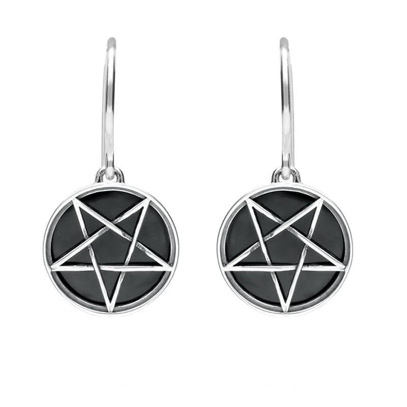 Sterling Silver Whitby Jet Inverse Pentagram Drop Earrings - Silver