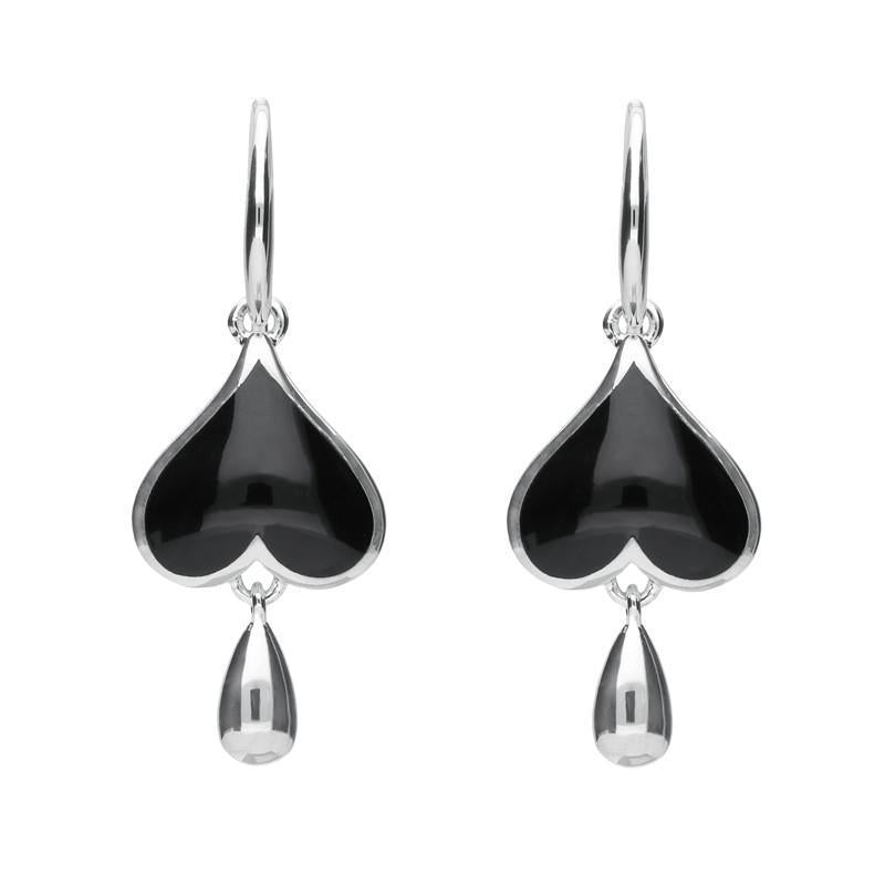 Sterling Silver Whitby Jet Inverted Heart Teardrop Hook Earrings - Option1 Value Silver