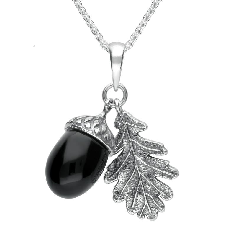 Sterling Silver Whitby Jet Large Acorn and Leaf Necklace - Silver