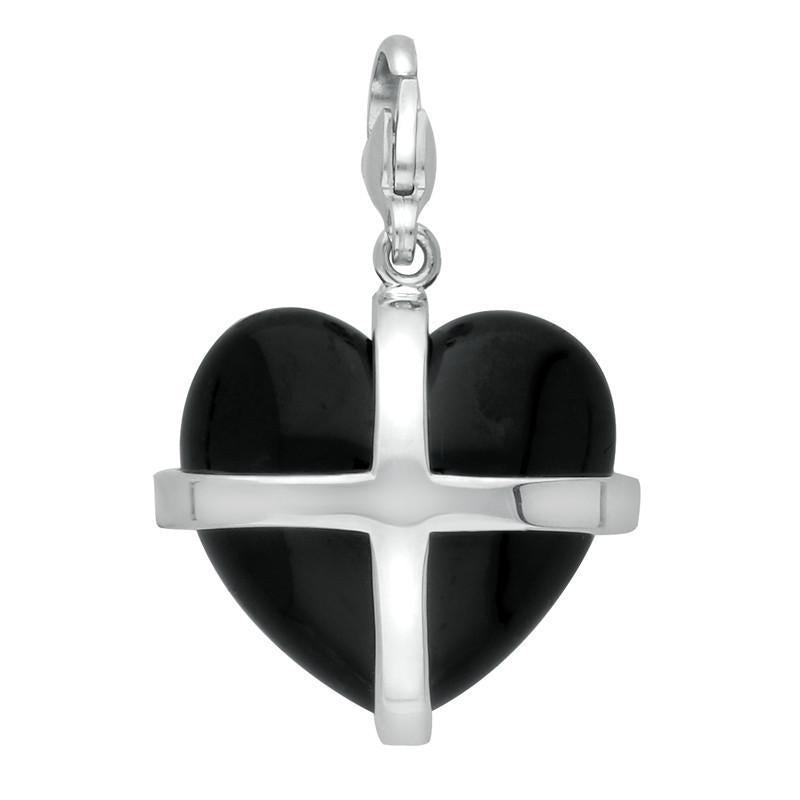 Sterling Silver Whitby Jet Large Cross Heart Charm - Option1 Value Silver