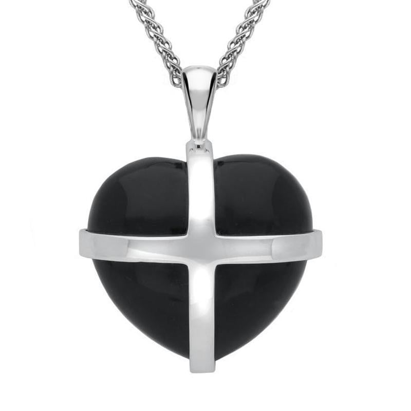 Sterling Silver Whitby Jet Large Cross Heart Necklace - Silver