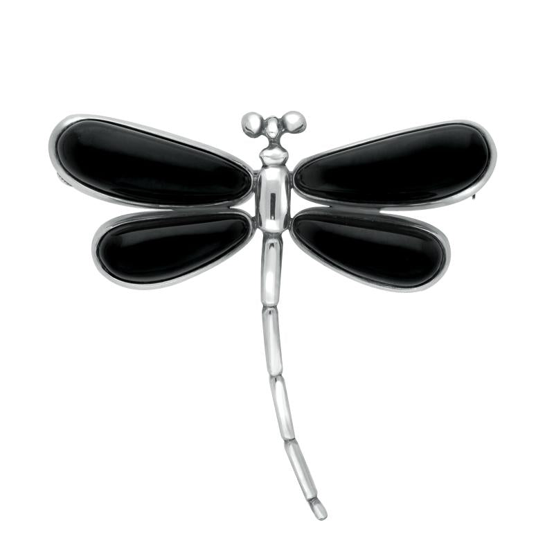 Sterling Silver Whitby Jet Large Dragonfly Brooch - Silver