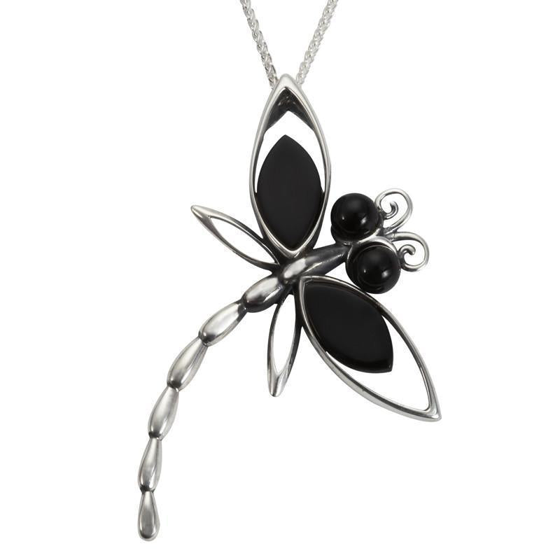 Sterling Silver Whitby Jet Large Dragonfly Necklace - Silver
