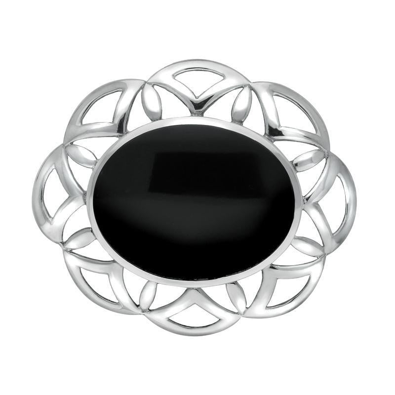 Sterling Silver Whitby Jet Large Flower Brooch - Silver