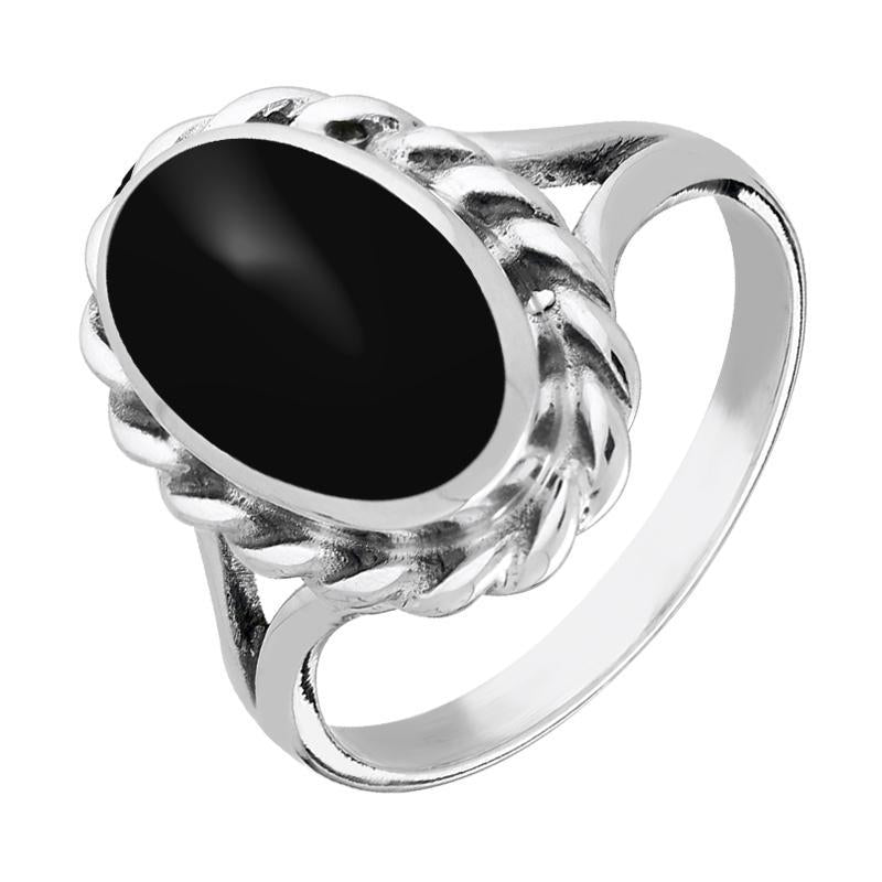 Sterling Silver Whitby Jet Large Oval Rope Edge Ring - Silver