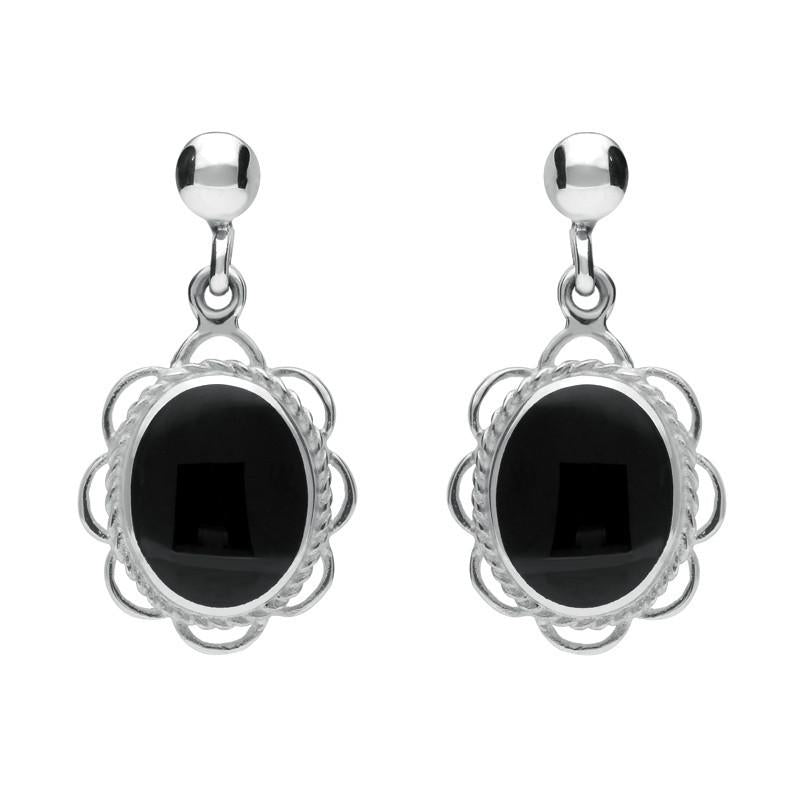 Sterling Silver Whitby Jet Large Oval Rope Frill Drop Earrings - Silver