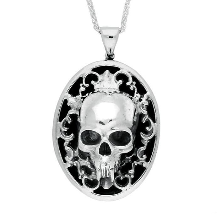 Sterling Silver Whitby Jet Large Oval Skull Necklace - Silver