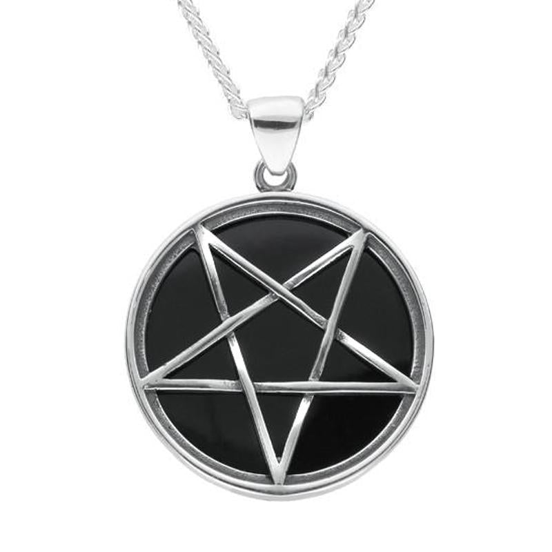 Sterling Silver Whitby Jet Large Pentagram Necklace - Silver