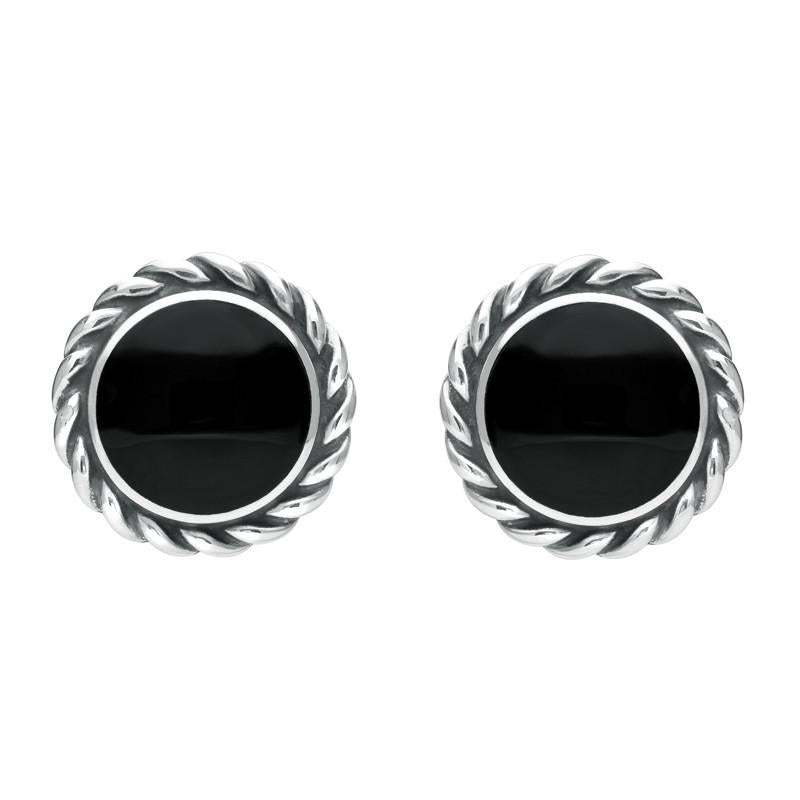 Sterling Silver Whitby Jet Large Rope Edge Round Stud Earrings - Silver
