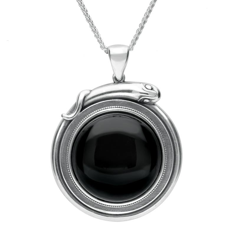 Sterling Silver Whitby Jet Large Round Snake Edge Necklace - Silver