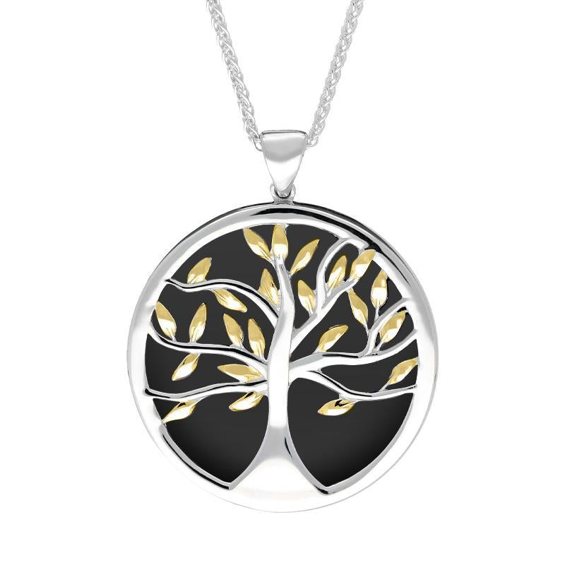Sterling Silver Yellow Gold Plated Whitby Jet Large Round Tree of Life Necklace