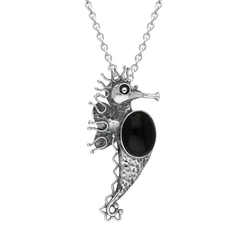 Sterling Silver Whitby Jet Large Seahorse Necklace D - Silver