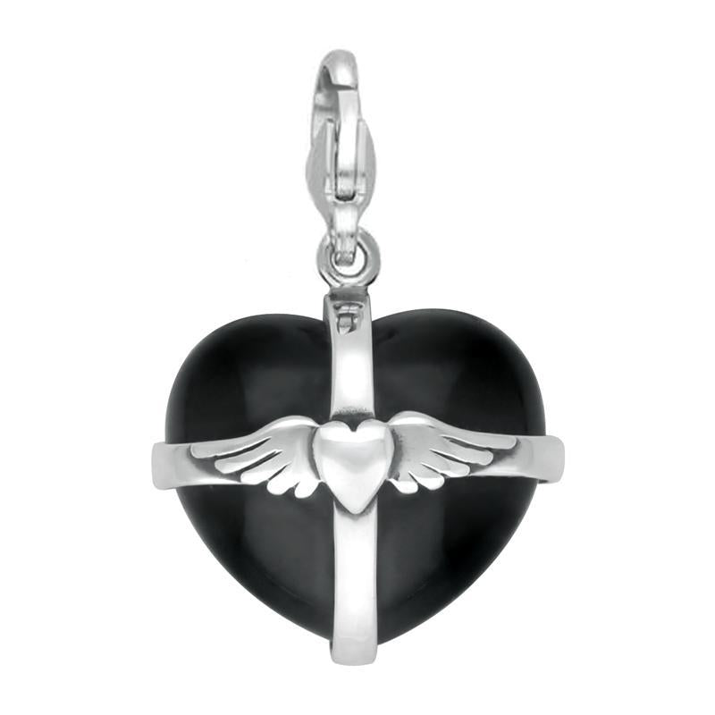 Sterling Silver Whitby Jet Large Winged Cross Heart Charm - Silver