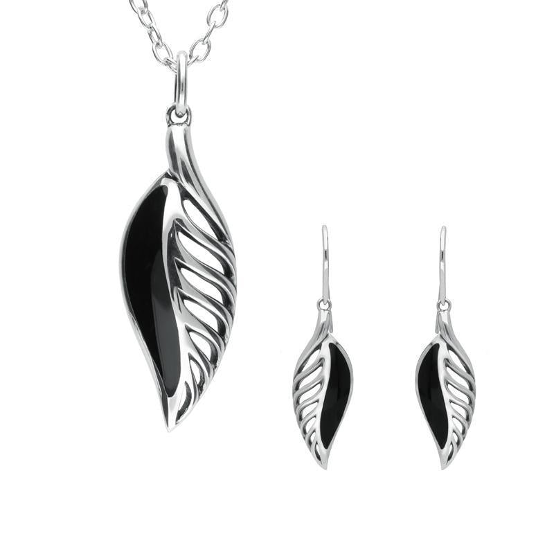 Sterling Silver Whitby Jet Leaf Drop Two Piece Set