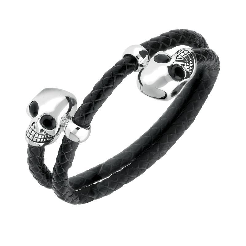 Sterling Silver Whitby Jet Leather Skull Bracelet - Option1 Value Silver