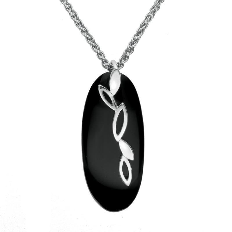 Sterling Silver Whitby Jet Long Drop Oval Necklace - Silver