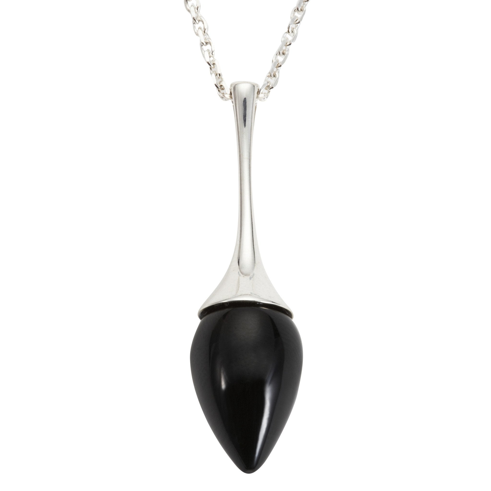 Sterling Silver Whitby Jet Long Flute Pear Stone Necklace - Silver