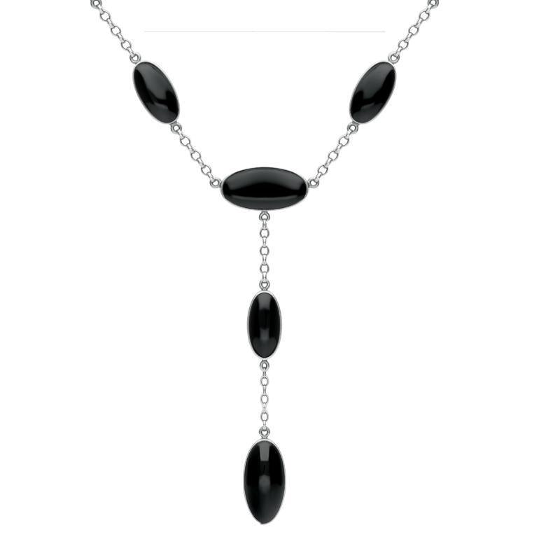Sterling Silver Whitby Jet Long Oval Dropper Necklace - Silver