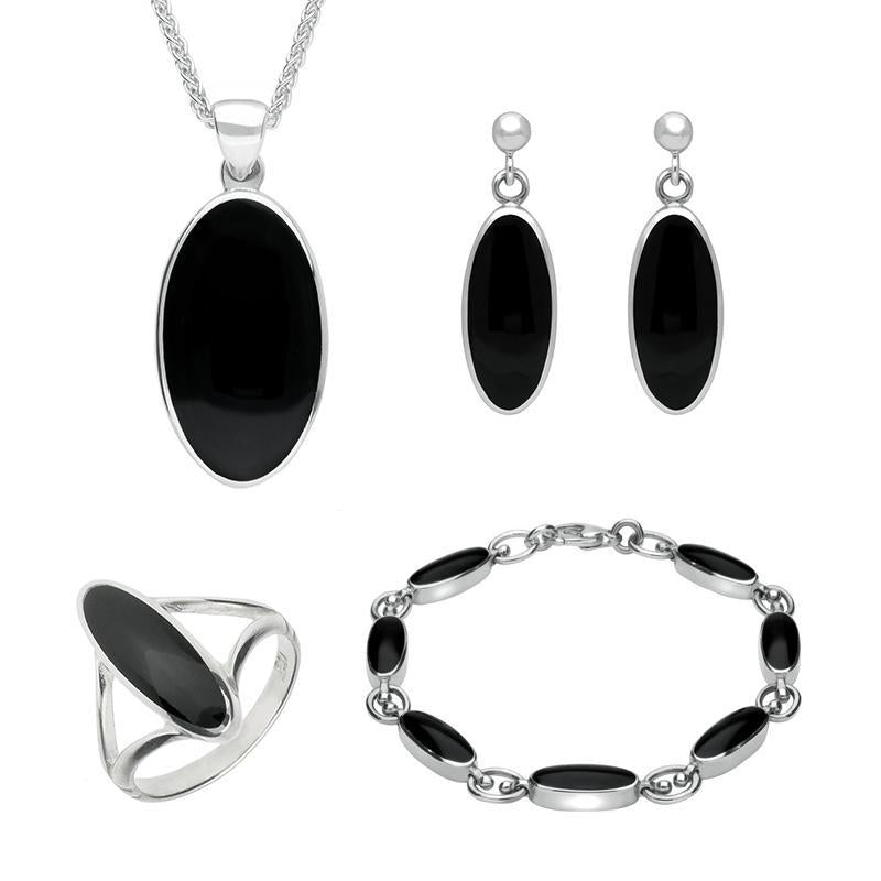 Sterling Silver Whitby Jet Long Oval Four Piece Set