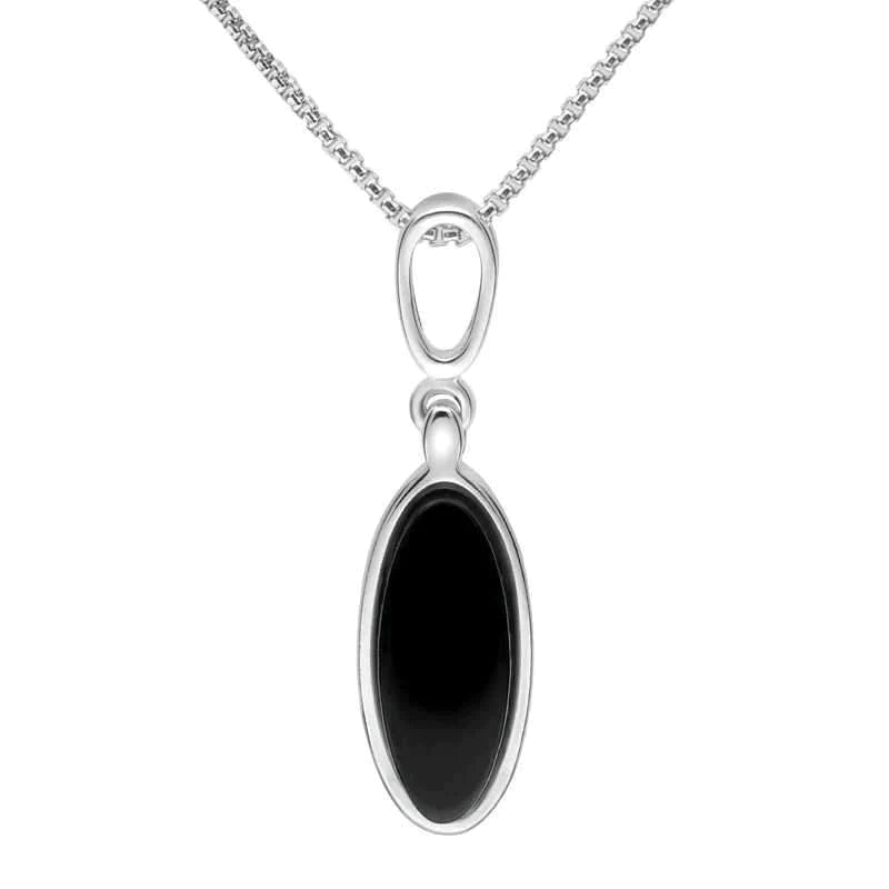 Sterling Silver Whitby Jet Long Oval Necklace - Silver