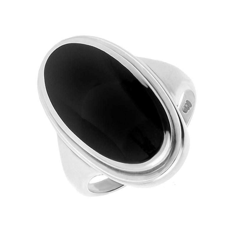 Sterling Silver Whitby Jet Long Oval Top Hat Ring - Silver