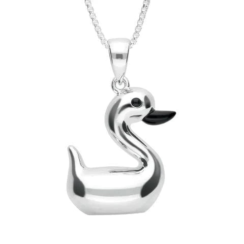 Sterling Silver Whitby Jet Luckiest Duck Small Necklace - Silver