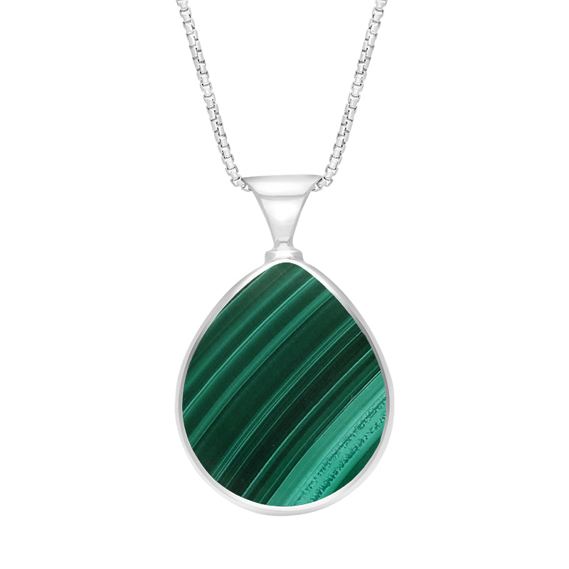 Sterling Silver Whitby Jet Malachite King's Coronation Hallmark Double Sided Pear-shaped Necklace