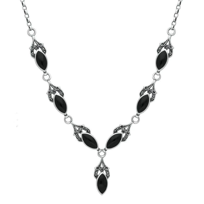 Sterling Silver Whitby Jet Marcasite 7 Stone Pave Marquise Necklace - Silver