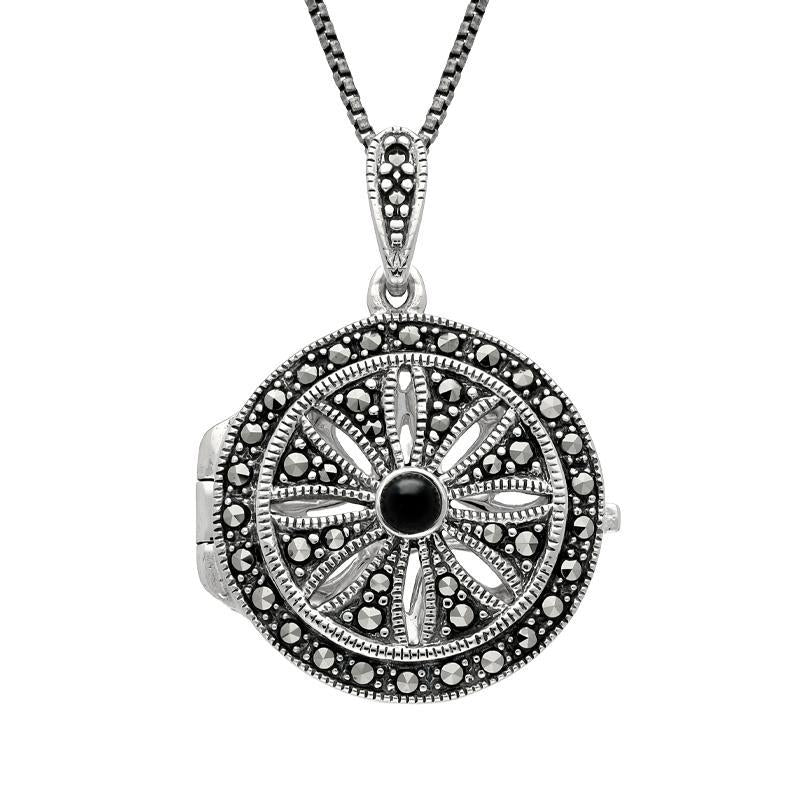 Sterling Silver Whitby Jet Marcasite Arc Deco Circles Locket Necklace - Silver
