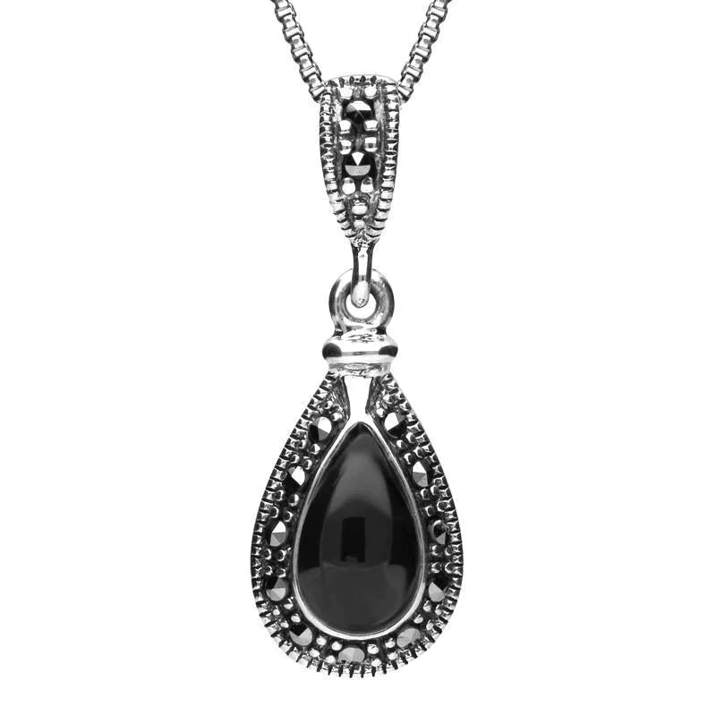 Sterling Silver Whitby Jet Marcasite Small Beaded Pear Necklace - Silver