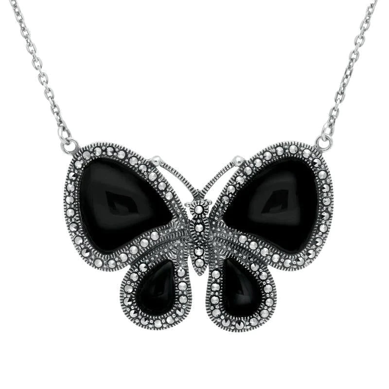 Sterling Silver Whitby Jet Marcasite Butterfly Necklace - Silver