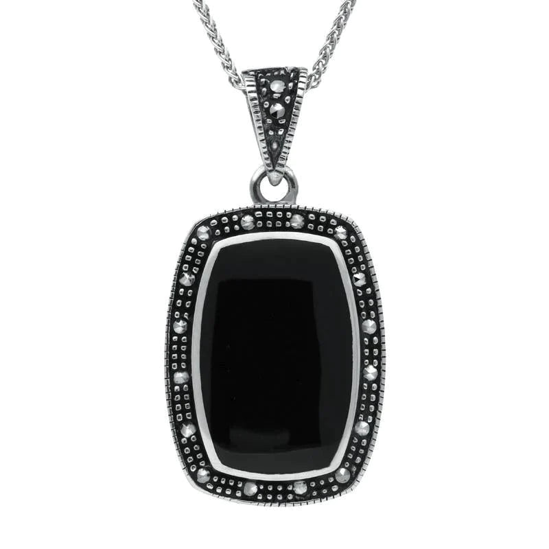 Sterling Silver Whitby Jet Marcasite Curved Oblong Necklace D - Silver