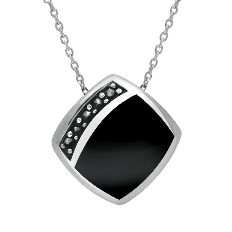 Sterling Silver Whitby Jet Marcasite Cushion Necklace - Silver
