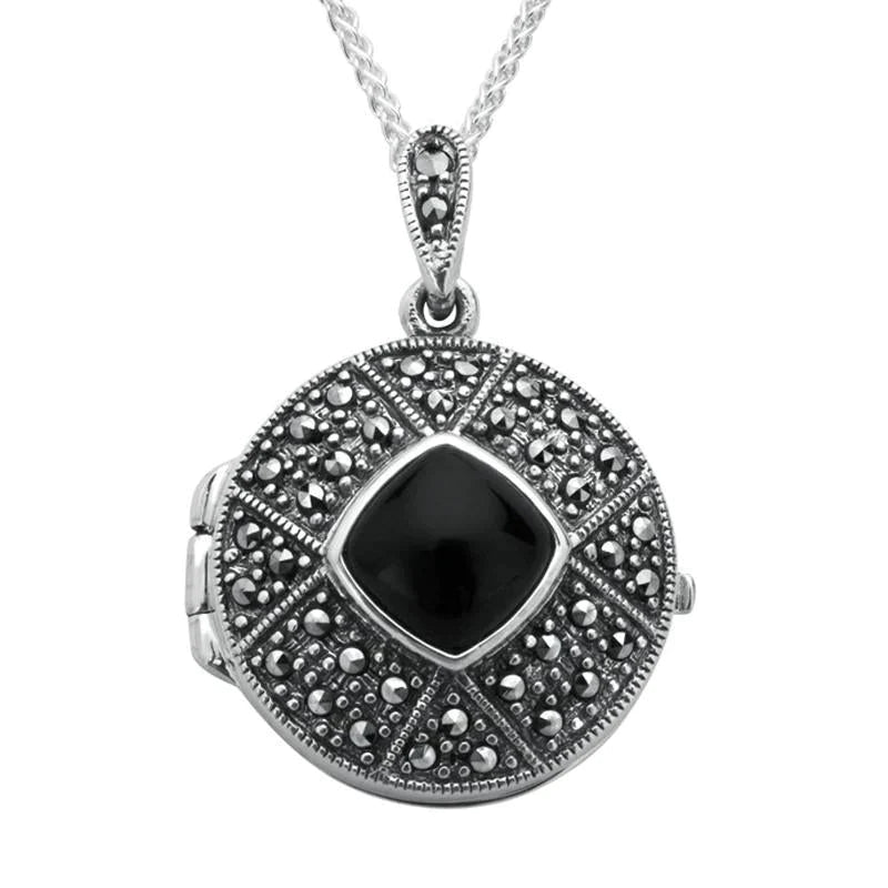 Sterling Silver Whitby Jet Marcasite Cushion Patterned Locket - Silver